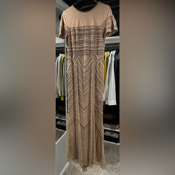 Women’s Beige Theia Embellished Tulle Column Evening Gown - Picture 10 of 16